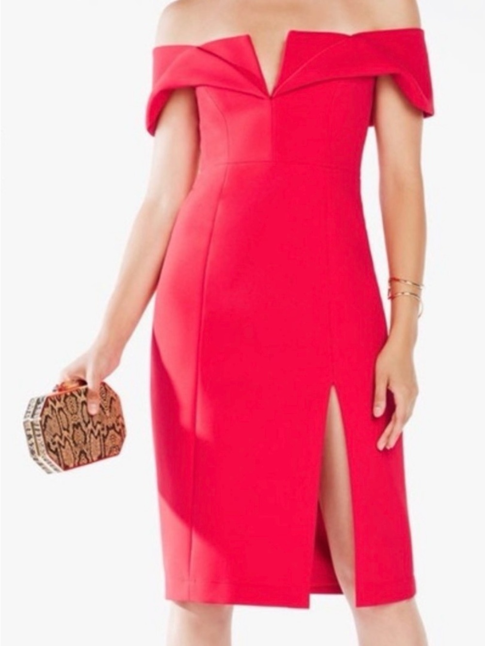 BCBGMaxAzria Vibrant Red One-Shoulder Sheath Dress with Front Slit